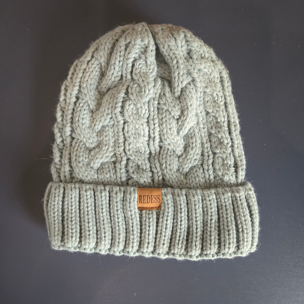 Redess Cable Knit Beanie Hat Fleece Lined Winter Cap Light Blue Sage Ribbed Cuff